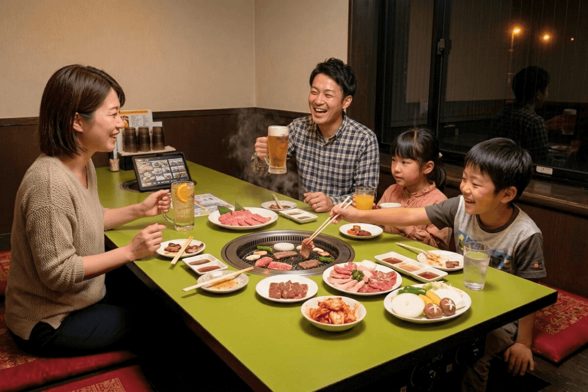 伊万里の焼肉司で家族が焼肉を囲みながら晩ご飯を楽しむ様子